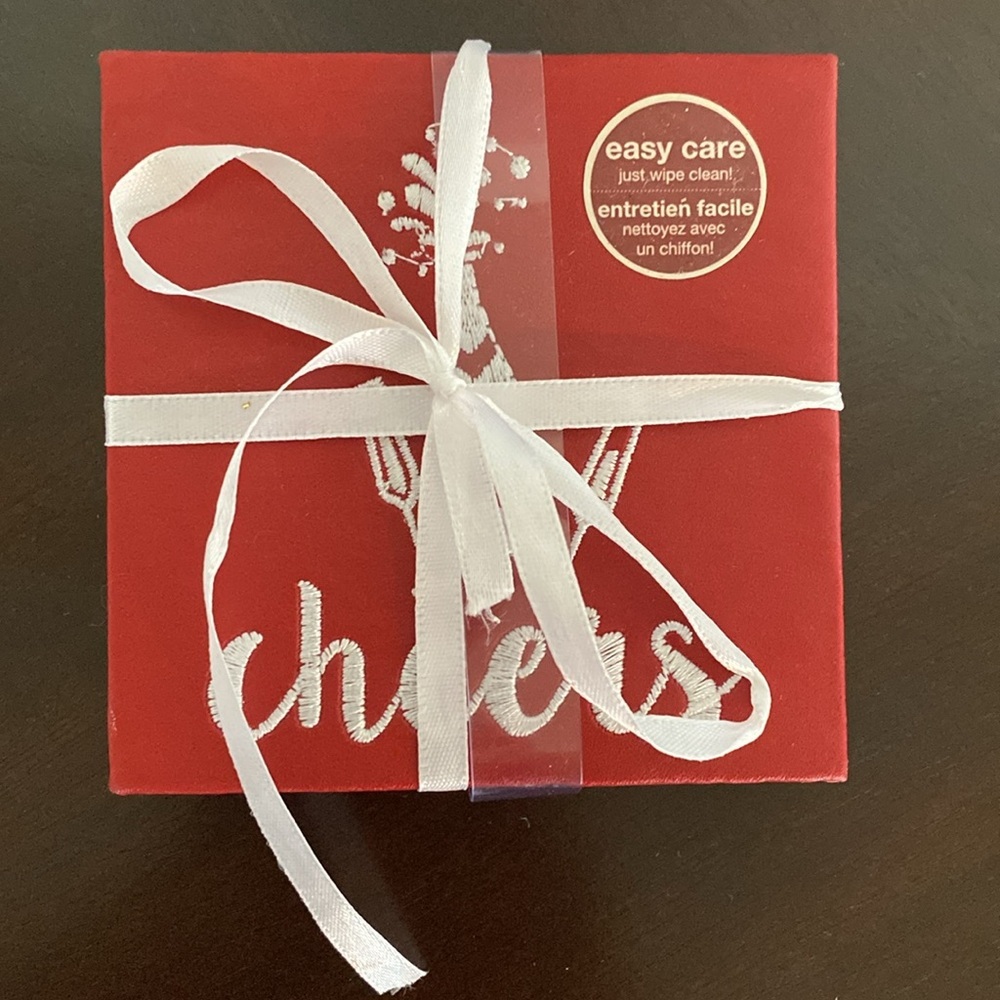 Hobby Lobby red wine embroidered “cheers” wipe clean coaster 4 pack‎ set
